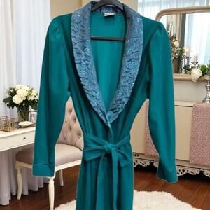 Vintage Maggie McQuade Long Teal Green Get Ready Robe Embroidered Collar Pockets